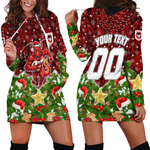 Personalised Dragons Rugby Christmas Hoodie Dress Santa Rugby Mascot - Pine Wreath Festive