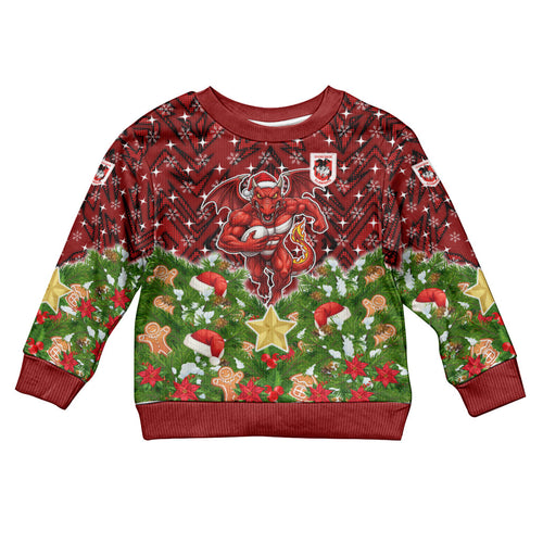 Personalised Dragons Rugby Christmas Kid Ugly Christmas Sweater Santa Rugby Mascot - Pine Wreath Festive