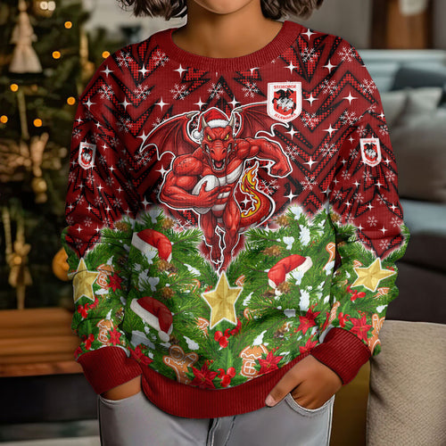 Personalised Dragons Rugby Christmas Kid Ugly Christmas Sweater Santa Rugby Mascot - Pine Wreath Festive