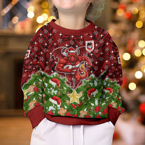 Personalised Dragons Rugby Christmas Kid Ugly Christmas Sweater Santa Rugby Mascot - Pine Wreath Festive
