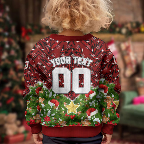 Personalised Dragons Rugby Christmas Kid Ugly Christmas Sweater Santa Rugby Mascot - Pine Wreath Festive