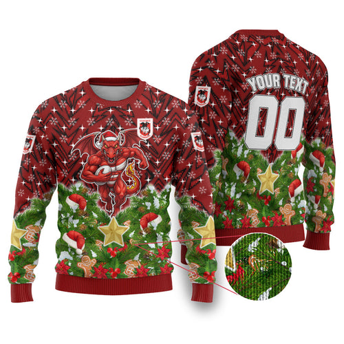 Personalised Dragons Rugby Christmas Ugly Christmas Sweater Santa Rugby Mascot - Pine Wreath Festive