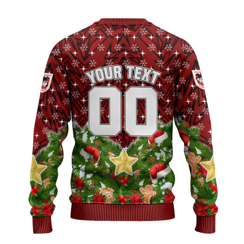 Personalised Dragons Rugby Christmas Ugly Christmas Sweater Santa Rugby Mascot - Pine Wreath Festive