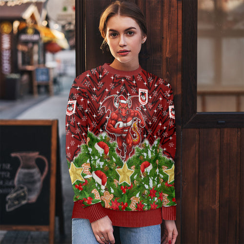 Personalised Dragons Rugby Christmas Ugly Christmas Sweater Santa Rugby Mascot - Pine Wreath Festive