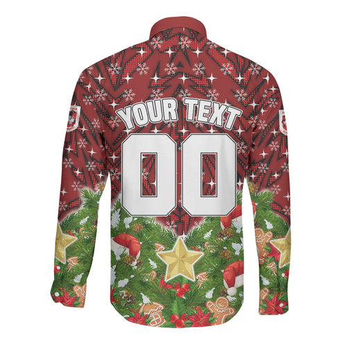 Personalised Dragons Rugby Christmas Long Sleeve Button Shirt Santa Rugby Mascot - Pine Wreath Festive