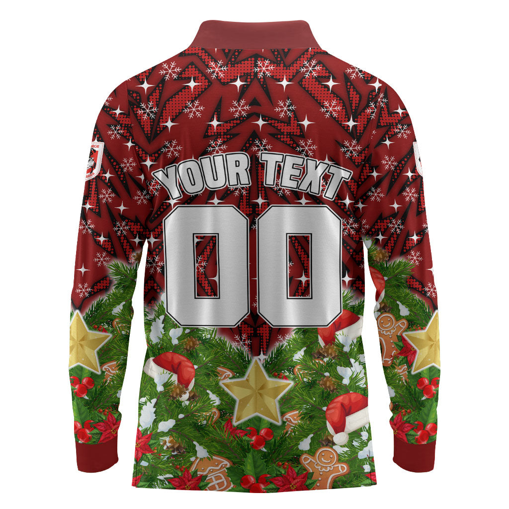 Personalised Dragons Rugby Christmas Long Sleeve Polo Shirt Santa Rugby Mascot - Pine Wreath Festive