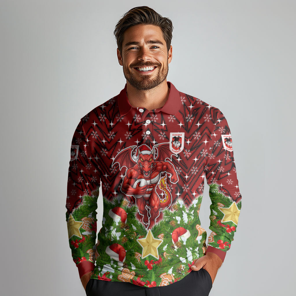 Personalised Dragons Rugby Christmas Long Sleeve Polo Shirt Santa Rugby Mascot - Pine Wreath Festive
