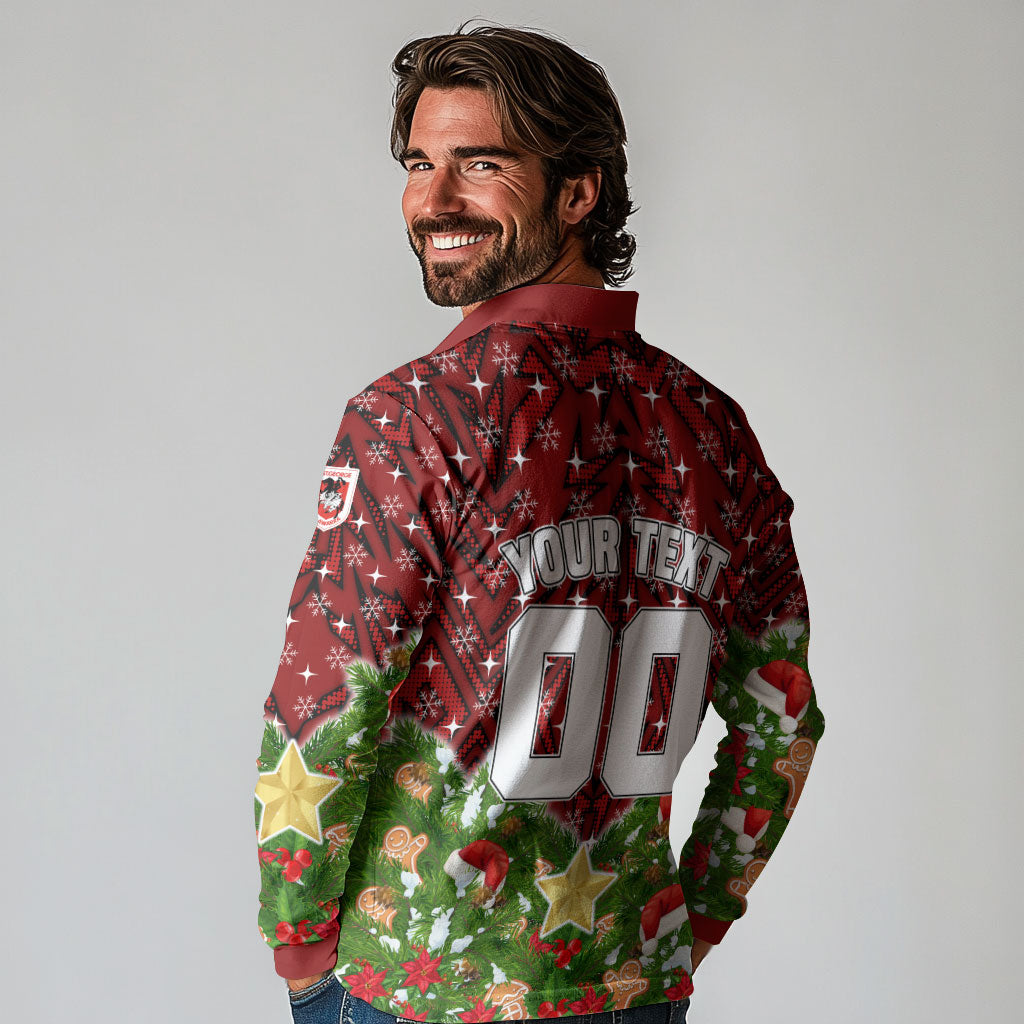 Personalised Dragons Rugby Christmas Long Sleeve Polo Shirt Santa Rugby Mascot - Pine Wreath Festive