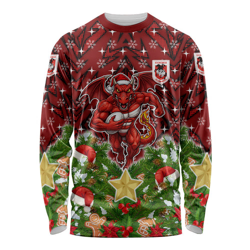 Personalised Dragons Rugby Christmas Long Sleeve Shirt Santa Rugby Mascot - Pine Wreath Festive