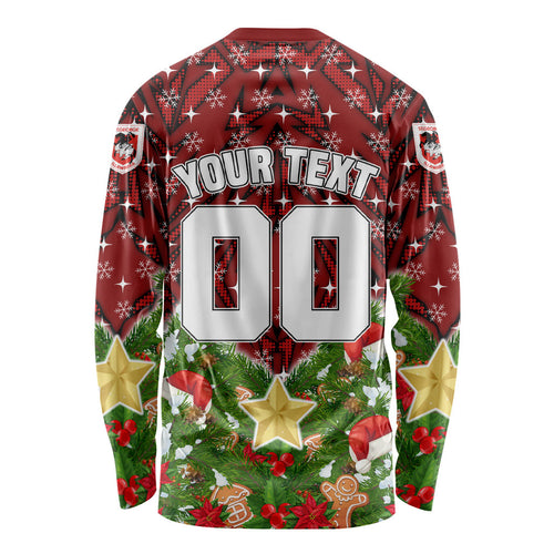 Personalised Dragons Rugby Christmas Long Sleeve Shirt Santa Rugby Mascot - Pine Wreath Festive