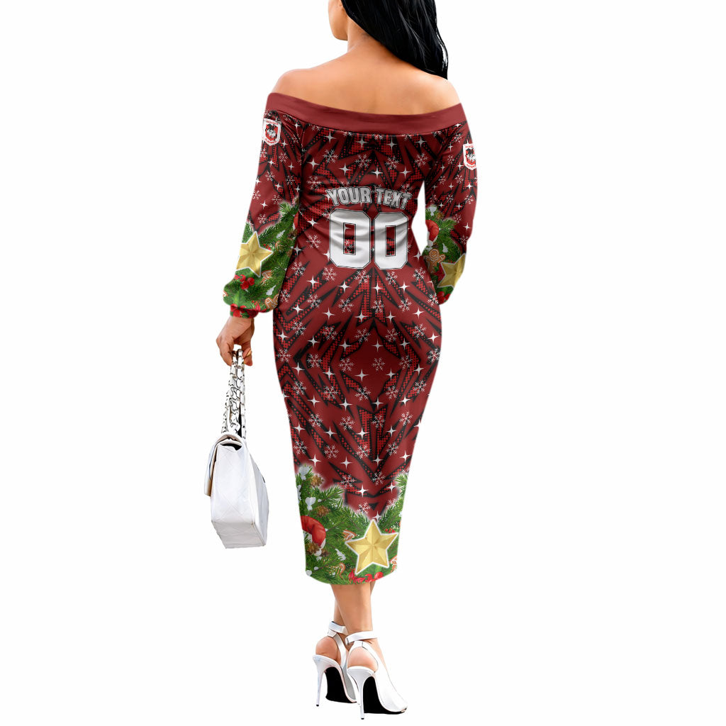 Personalised Dragons Rugby Christmas Off The Shoulder Long Sleeve Dress Santa Rugby Mascot - Pine Wreath Festive