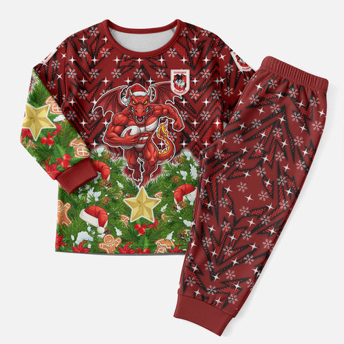 Personalised Dragons Rugby Christmas Pajama Set Santa Rugby Mascot - Pine Wreath Festive