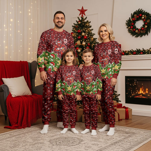 Personalised Dragons Rugby Christmas Pajama Set Santa Rugby Mascot - Pine Wreath Festive