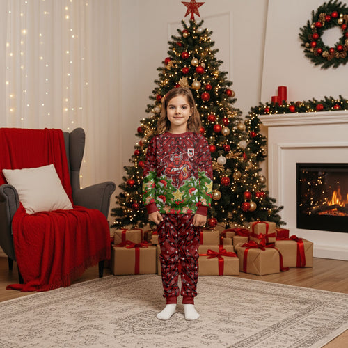 Personalised Dragons Rugby Christmas Pajama Set Santa Rugby Mascot - Pine Wreath Festive
