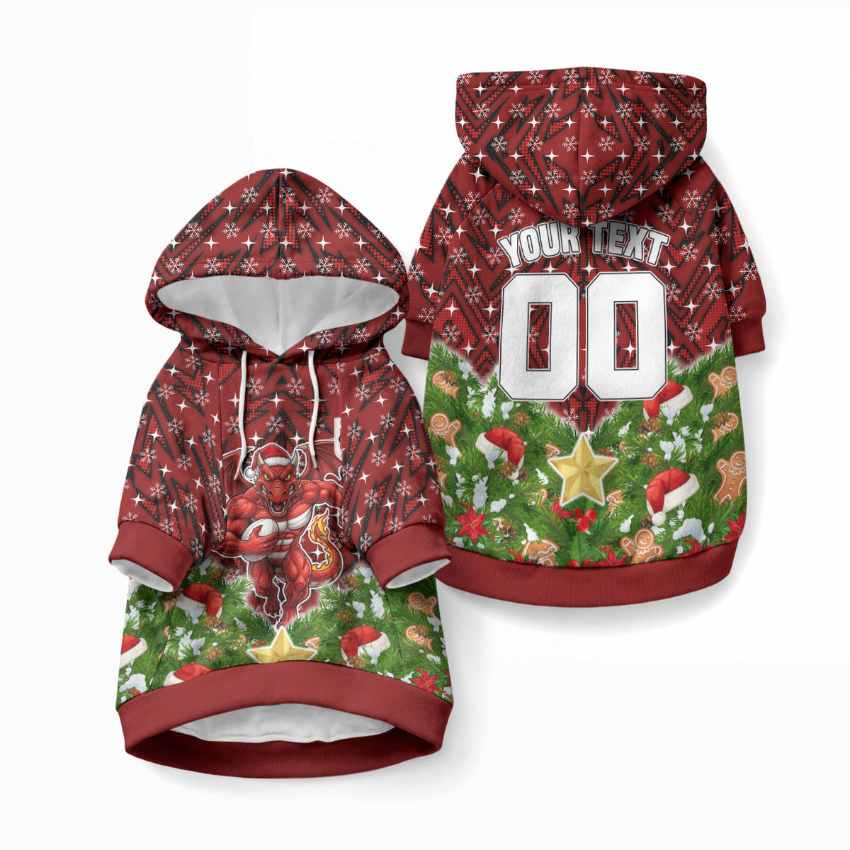 Personalised Dragons Rugby Christmas Pet Hoodie Santa Rugby Mascot - Pine Wreath Festive