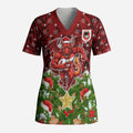 Personalised Dragons Rugby Christmas Scrub Top Santa Rugby Mascot - Pine Wreath Festive
