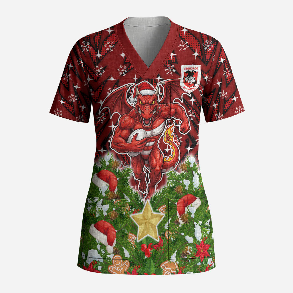 Personalised Dragons Rugby Christmas Scrub Top Santa Rugby Mascot - Pine Wreath Festive