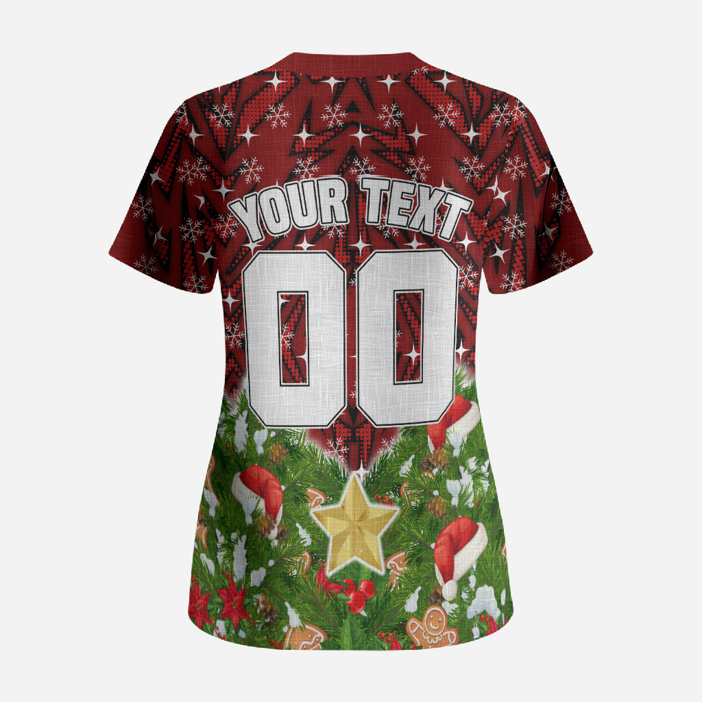 Personalised Dragons Rugby Christmas Scrub Top Santa Rugby Mascot - Pine Wreath Festive