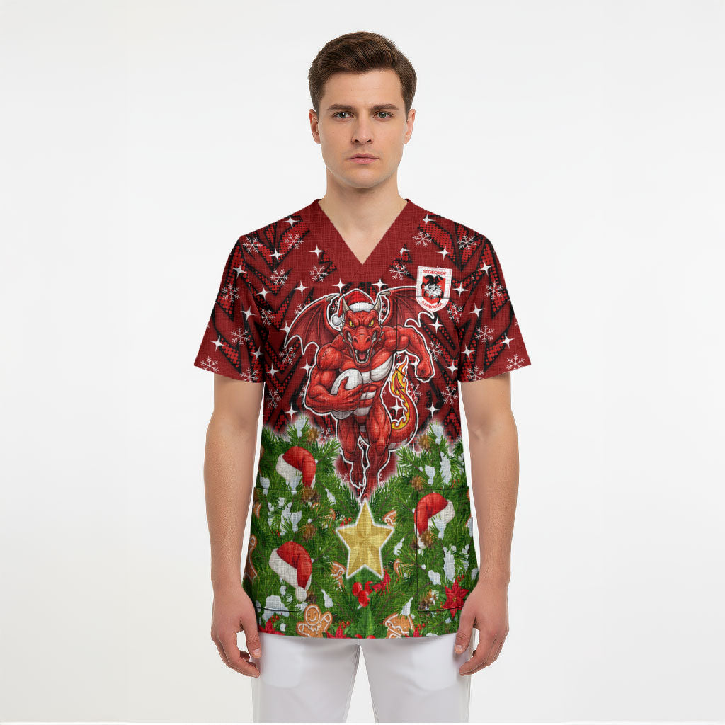 Personalised Dragons Rugby Christmas Scrub Top Santa Rugby Mascot - Pine Wreath Festive