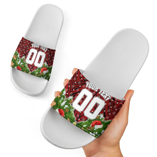 Personalised Dragons Rugby Christmas Slide Sandals Santa Rugby Mascot - Pine Wreath Festive