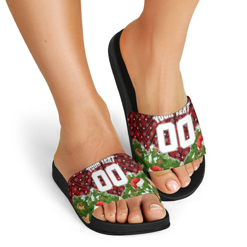 Personalised Dragons Rugby Christmas Slide Sandals Santa Rugby Mascot - Pine Wreath Festive