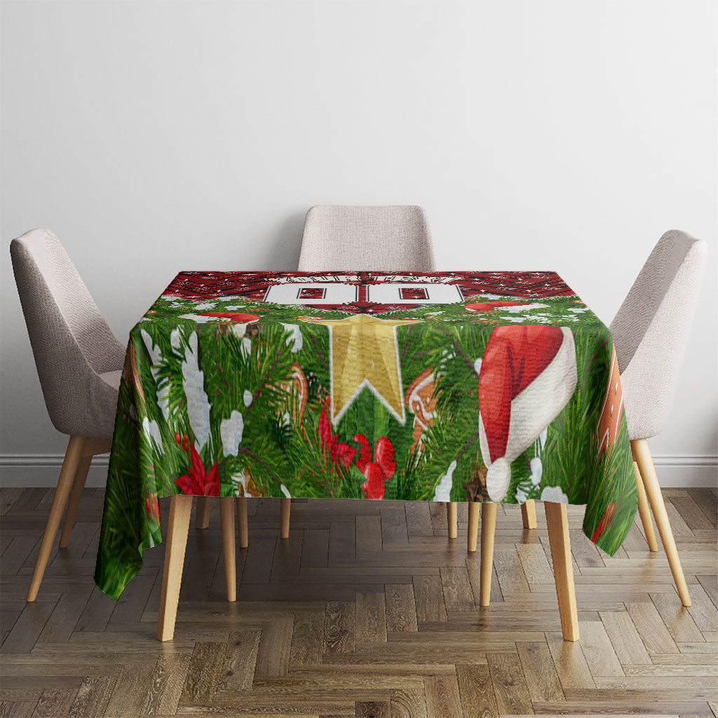 Personalised Dragons Rugby Christmas Tablecloth Santa Rugby Mascot - Pine Wreath Festive