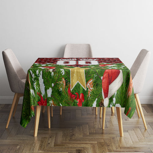Personalised Dragons Rugby Christmas Tablecloth Santa Rugby Mascot - Pine Wreath Festive