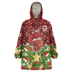 Personalised Dragons Rugby Christmas Wearable Blanket Hoodie Santa Rugby Mascot - Pine Wreath Festive