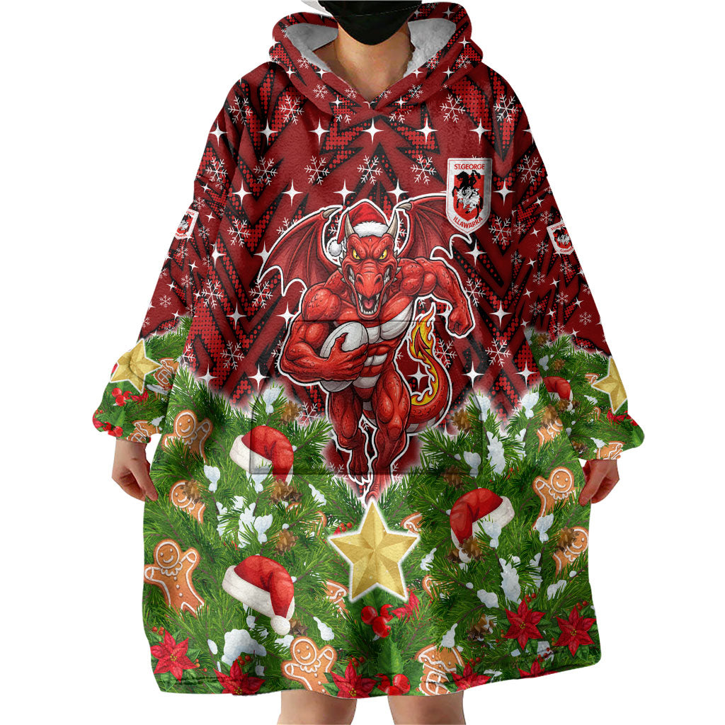 Personalised Dragons Rugby Christmas Wearable Blanket Hoodie Santa Rugby Mascot - Pine Wreath Festive
