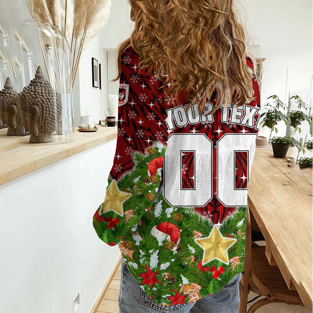 Personalised Dragons Rugby Christmas Women Casual Shirt Santa Rugby Mascot - Pine Wreath Festive