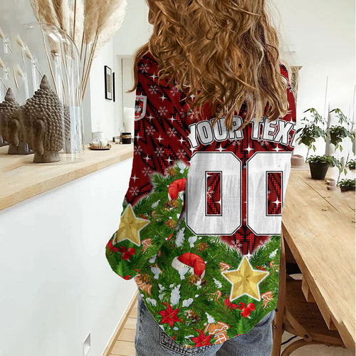 Personalised Dragons Rugby Christmas Women Casual Shirt Santa Rugby Mascot - Pine Wreath Festive