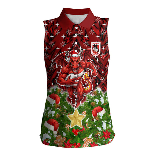 Personalised Dragons Rugby Christmas Women Sleeveless Polo Shirt Santa Rugby Mascot - Pine Wreath Festive