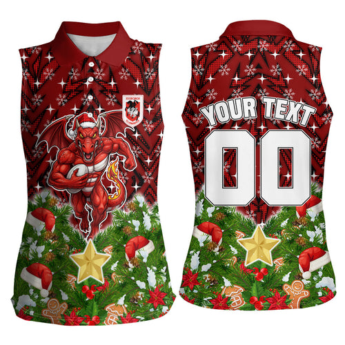 Personalised Dragons Rugby Christmas Women Sleeveless Polo Shirt Santa Rugby Mascot - Pine Wreath Festive