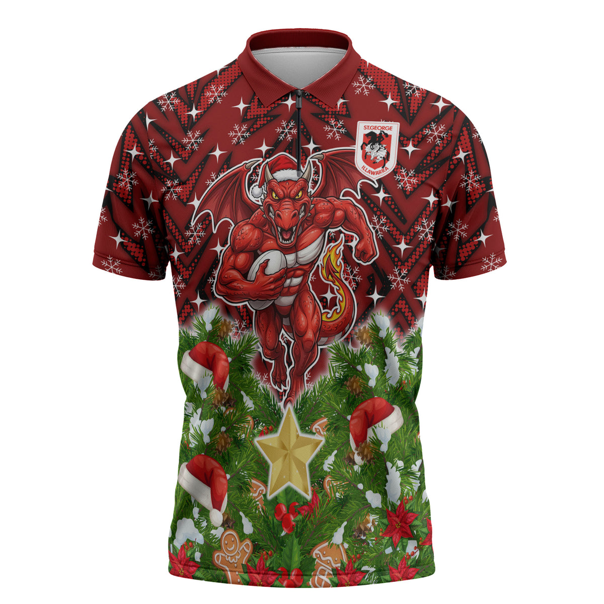 Personalised Dragons Rugby Christmas Zipper Polo Shirt Santa Rugby Mascot - Pine Wreath Festive