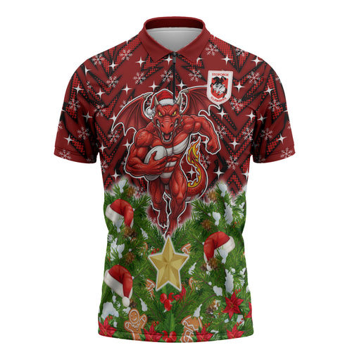 Personalised Dragons Rugby Christmas Zipper Polo Shirt Santa Rugby Mascot - Pine Wreath Festive