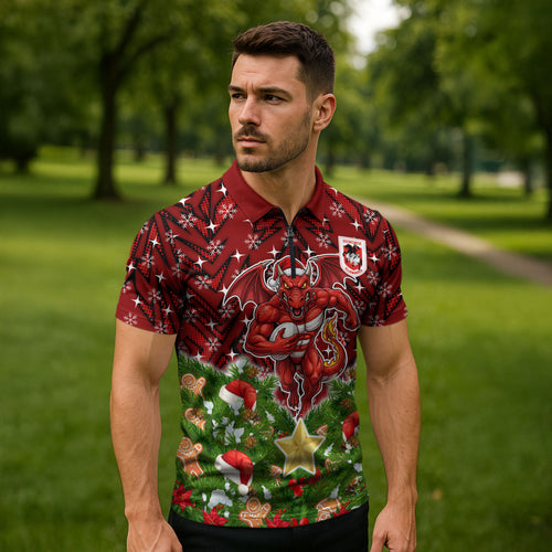 Personalised Dragons Rugby Christmas Zipper Polo Shirt Santa Rugby Mascot - Pine Wreath Festive