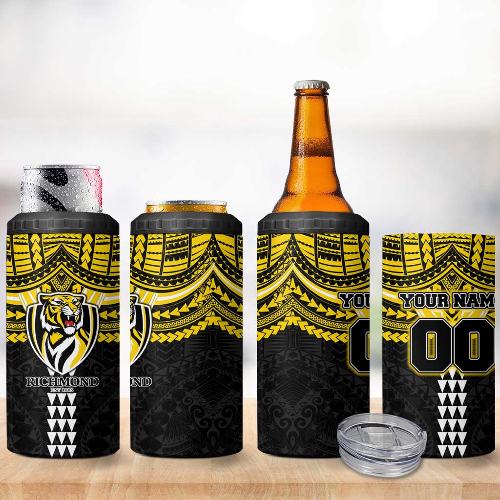 Personalized Richmond Tigers 4 in 1 Can Cooler Tumbler Polynesian Tribal Pattern Heritage Football
