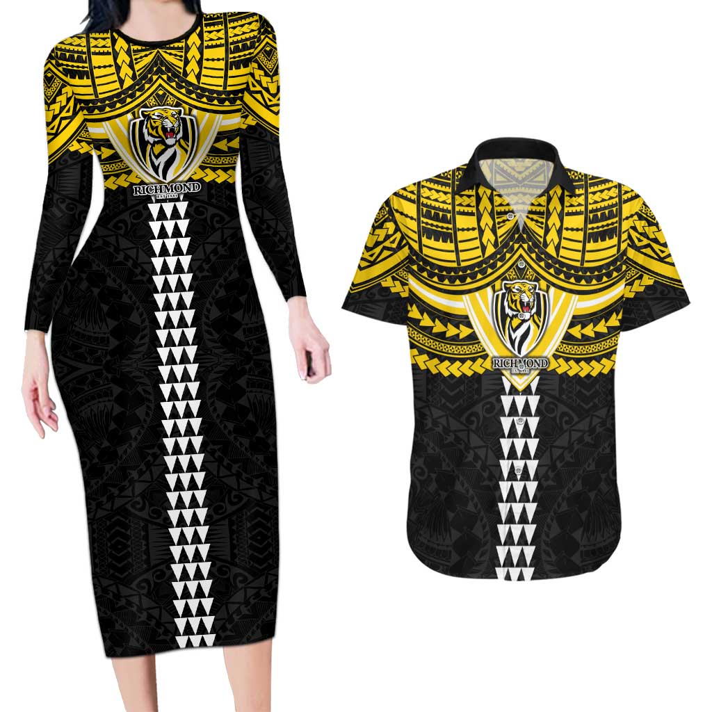 Personalized Richmond Tigers Couples Matching Long Sleeve Bodycon Dress and Hawaiian Shirt Polynesian Tribal Pattern Heritage Football