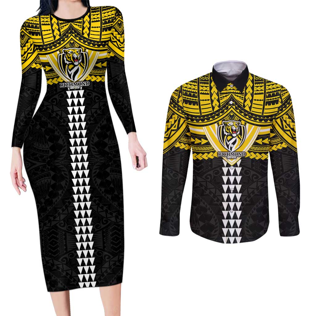Personalized Richmond Tigers Couples Matching Long Sleeve Bodycon Dress and Long Sleeve Button Shirt Polynesian Tribal Pattern Heritage Football