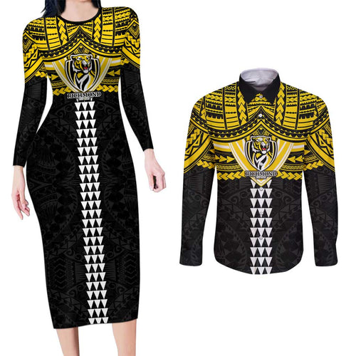 Personalized Richmond Tigers Couples Matching Long Sleeve Bodycon Dress and Long Sleeve Button Shirt Polynesian Tribal Pattern Heritage Football