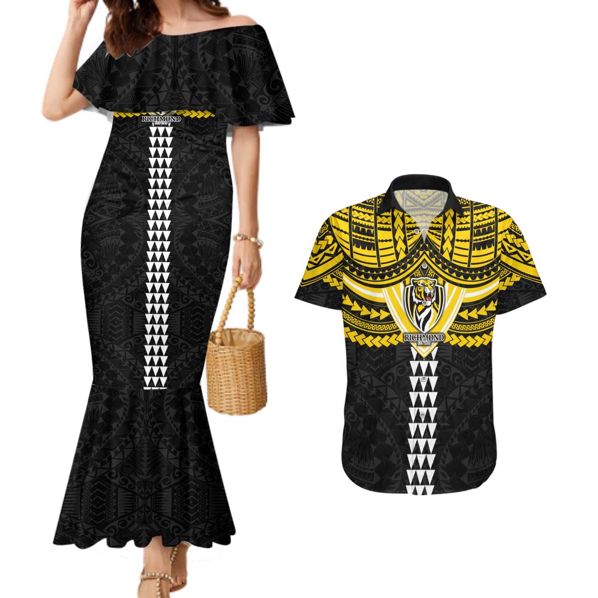 Personalized Richmond Tigers Couples Matching Mermaid Dress and Hawaiian Shirt Polynesian Tribal Pattern Heritage Football