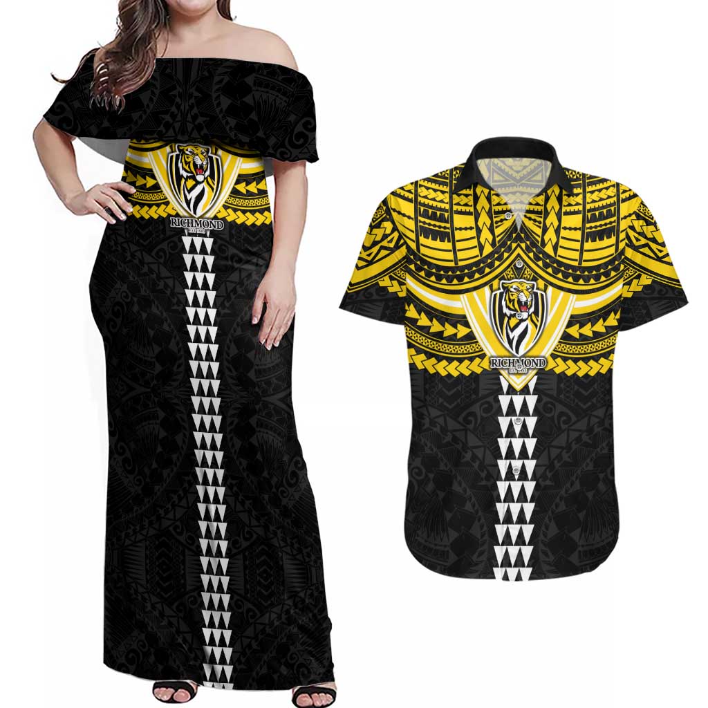 Personalized Richmond Tigers Couples Matching Off Shoulder Maxi Dress and Hawaiian Shirt Polynesian Tribal Pattern Heritage Football