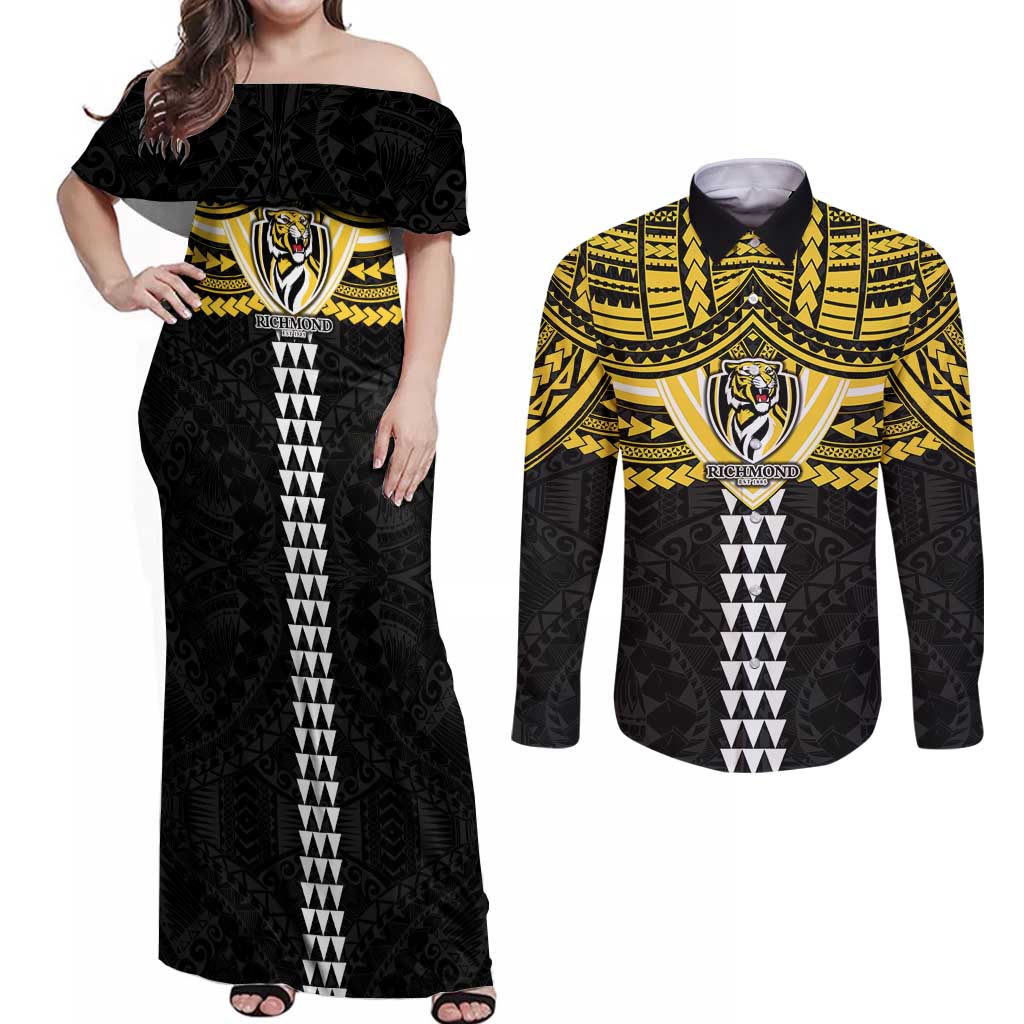 Personalized Richmond Tigers Couples Matching Off Shoulder Maxi Dress and Long Sleeve Button Shirt Polynesian Tribal Pattern Heritage Football