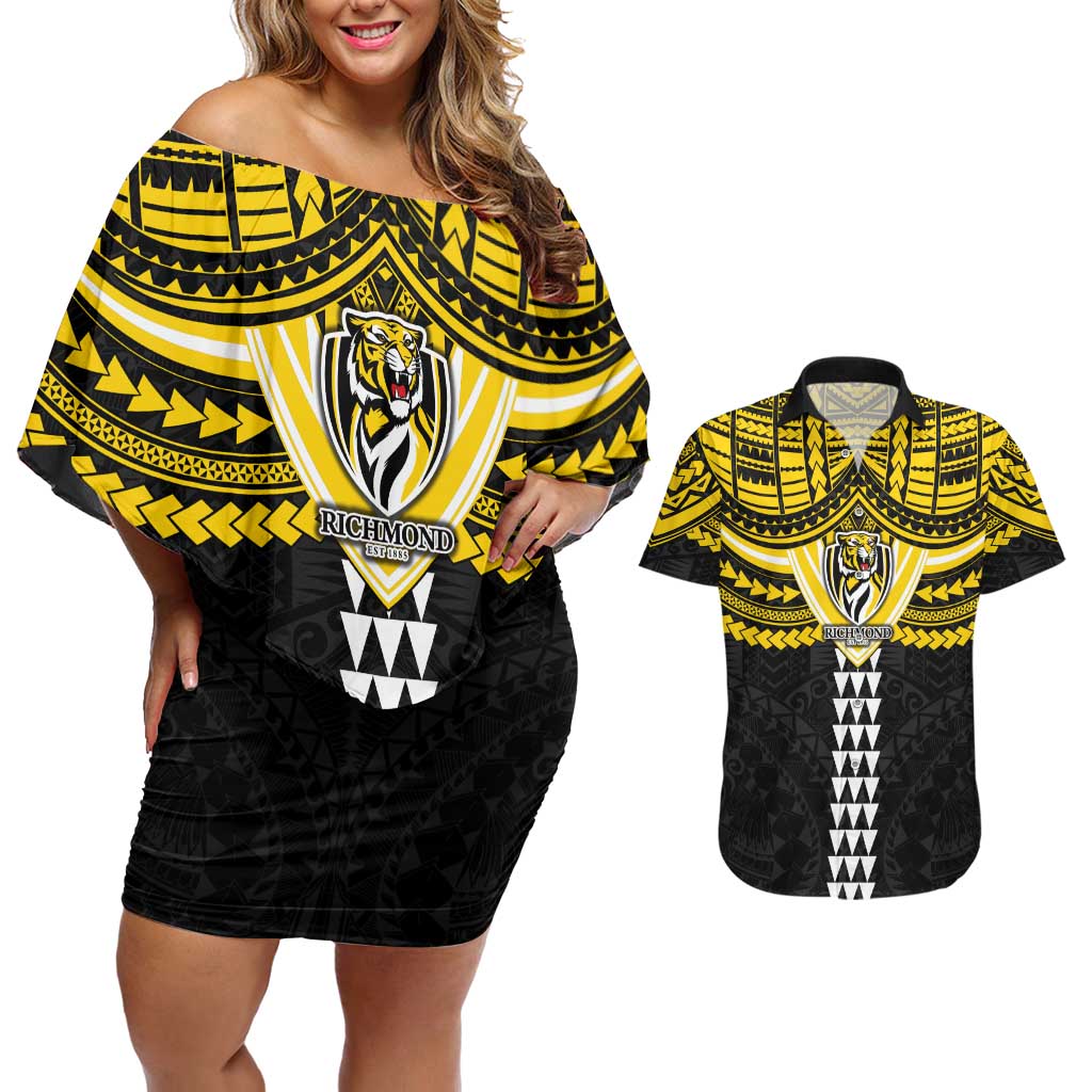 Personalized Richmond Tigers Couples Matching Off Shoulder Short Dress and Hawaiian Shirt Polynesian Tribal Pattern Heritage Football