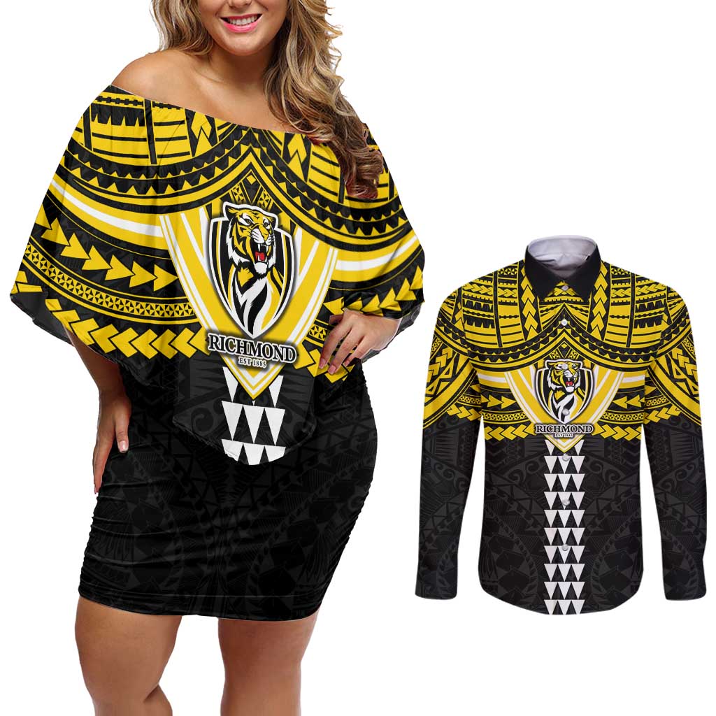 Personalized Richmond Tigers Couples Matching Off Shoulder Short Dress and Long Sleeve Button Shirt Polynesian Tribal Pattern Heritage Football