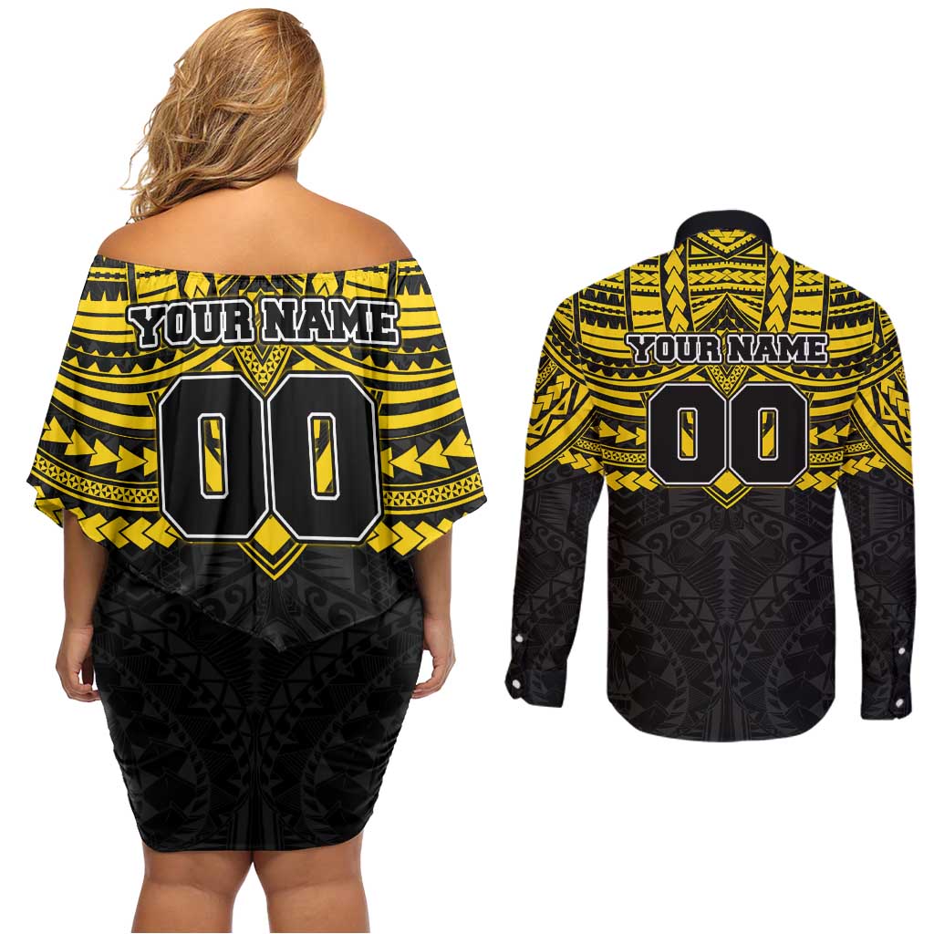 Personalized Richmond Tigers Couples Matching Off Shoulder Short Dress and Long Sleeve Button Shirt Polynesian Tribal Pattern Heritage Football