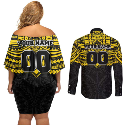 Personalized Richmond Tigers Couples Matching Off Shoulder Short Dress and Long Sleeve Button Shirt Polynesian Tribal Pattern Heritage Football