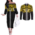 Personalized Richmond Tigers Couples Matching Off The Shoulder Long Sleeve Dress and Long Sleeve Button Shirt Polynesian Tribal Pattern Heritage Football