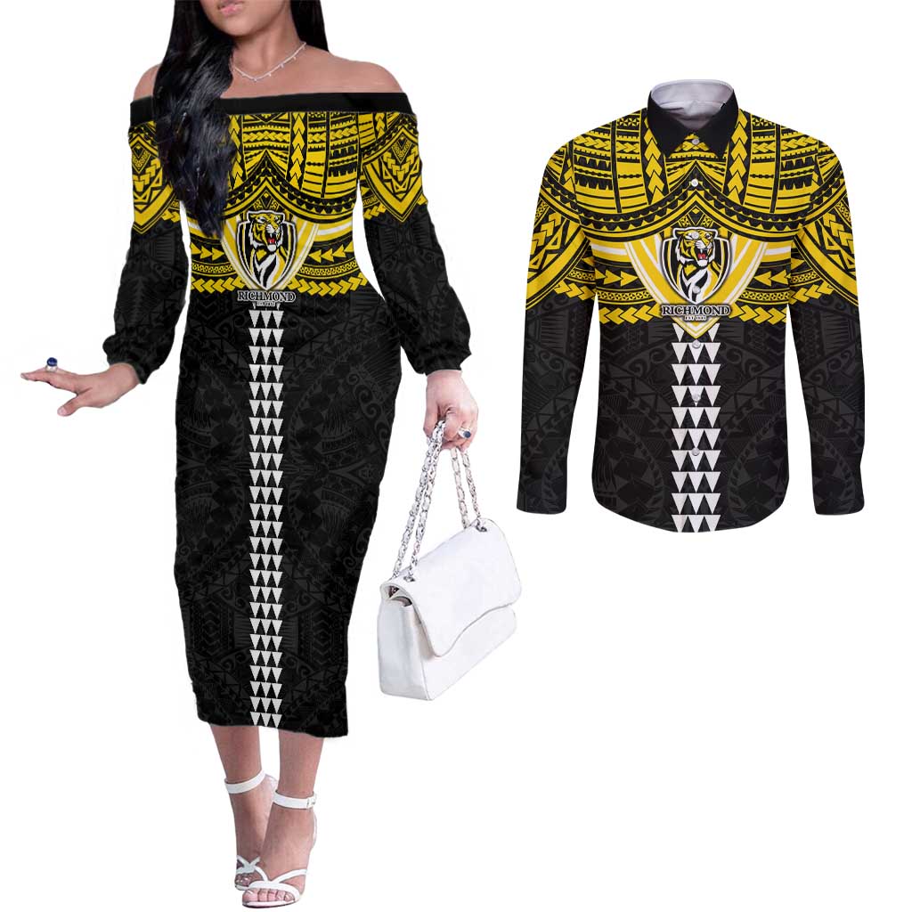 Personalized Richmond Tigers Couples Matching Off The Shoulder Long Sleeve Dress and Long Sleeve Button Shirt Polynesian Tribal Pattern Heritage Football