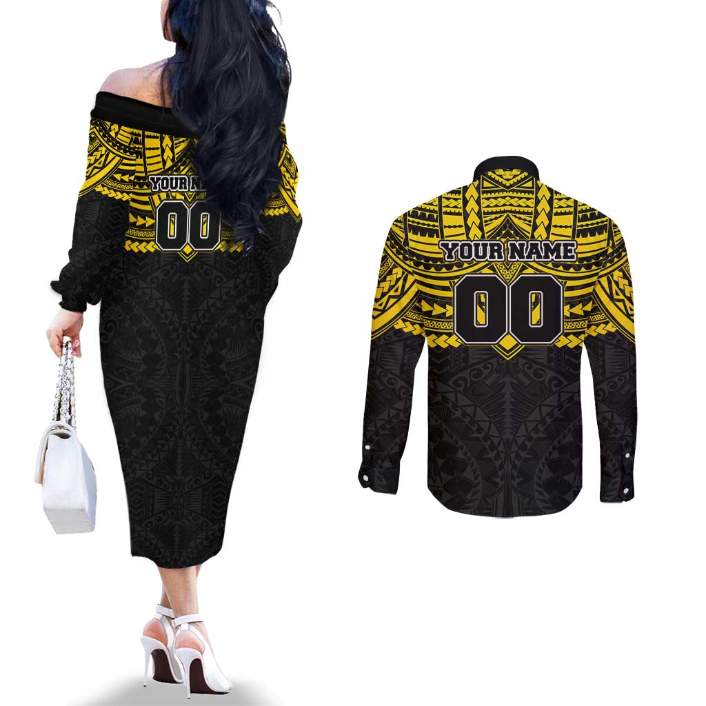 Personalized Richmond Tigers Couples Matching Off The Shoulder Long Sleeve Dress and Long Sleeve Button Shirt Polynesian Tribal Pattern Heritage Football